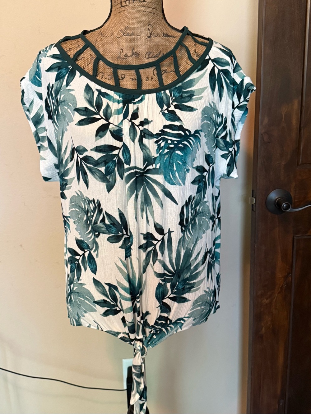 Faith and Joy Teal and White Tropical Tie-Front Blouse